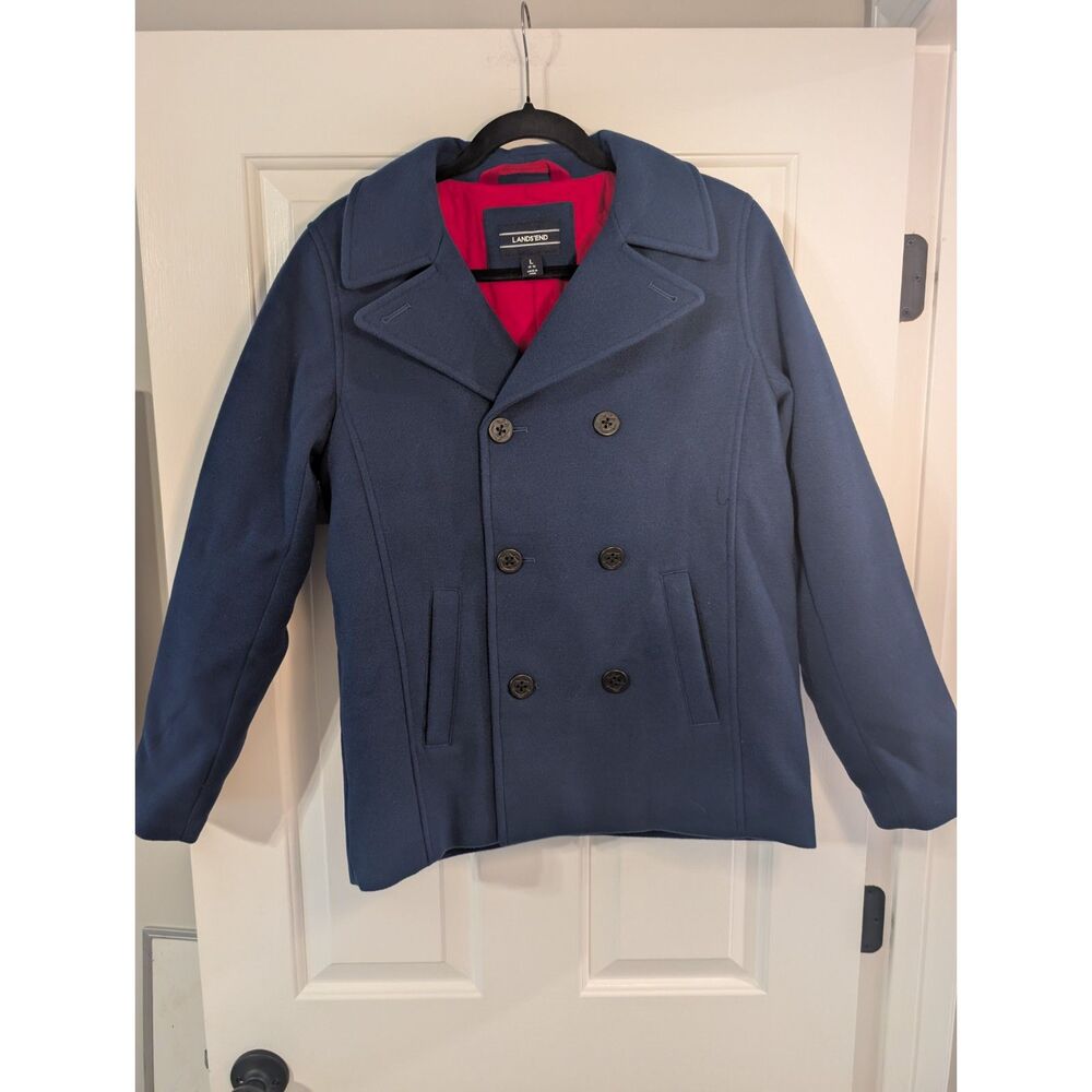 Lands' End Women's Large Navy Wool Peacoat Red Lining Anchor Buttons